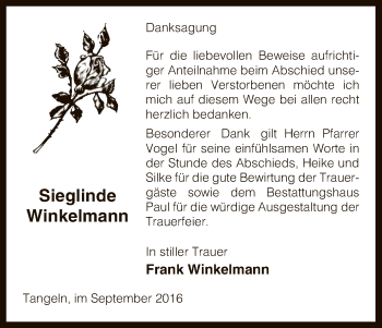 Traueranzeige von Sieglinde Winkelmann von Uelzen