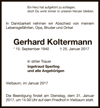 Traueranzeige von Gerhard Koltermann von Uelzen