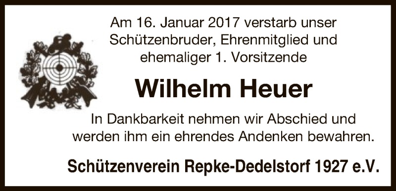  Traueranzeige für Wilhelm Heuer vom 19.01.2017 aus Uelzen