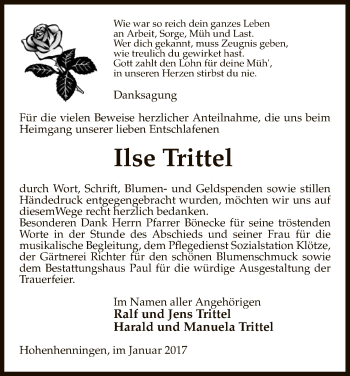 Traueranzeige von Ilse Trittel von Uelzen