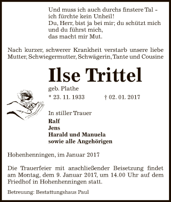 Traueranzeige von Ilse Trittel von Uelzen