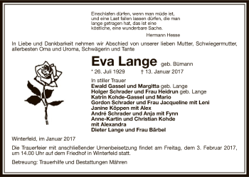 Traueranzeige von Eva Lange von Uelzen