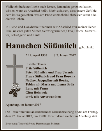 Traueranzeige von Hannchen Süßmilch von Uelzen