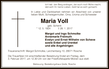 Traueranzeige von Maria Voll von Uelzen