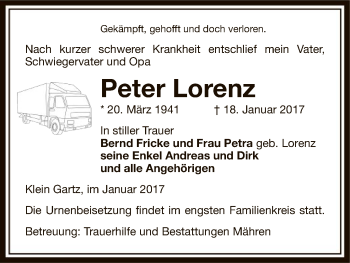 Traueranzeige von Peter Lorenz von Uelzen