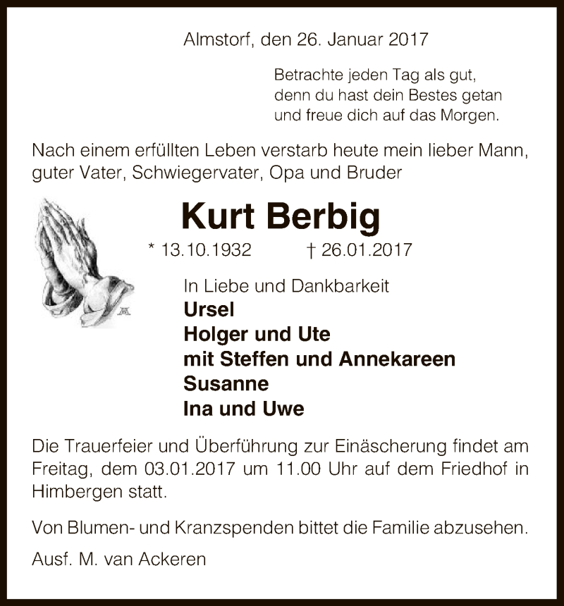  Traueranzeige für Kurt Berbig vom 31.01.2017 aus Uelzen