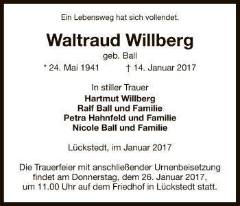 Traueranzeige von Waltraud Willberg von Uelzen