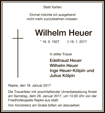 Traueranzeige von Wilhelm Huer von Uelzen