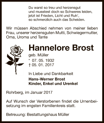 Traueranzeige von Hannelore Brost von Uelzen