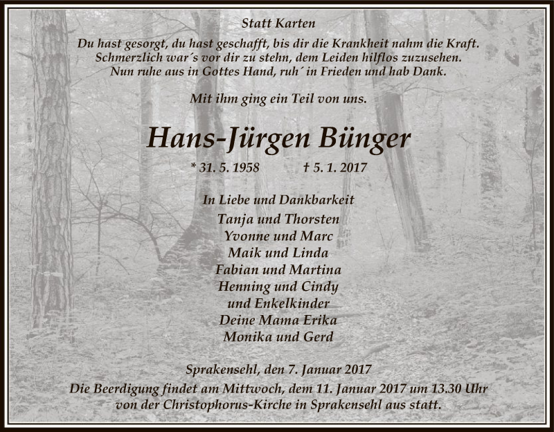  Traueranzeige für Hans-Jürgen Bünger vom 07.01.2017 aus Uelzen