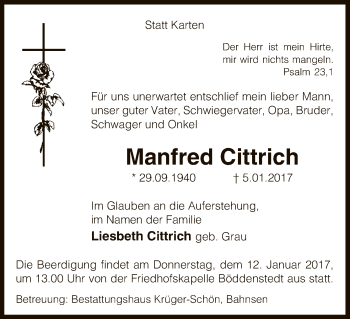 Traueranzeige von Manfred Cittrich von Uelzen