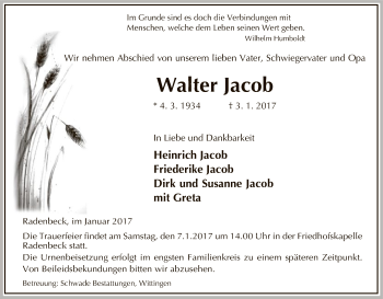 Traueranzeige von Walter Jacob von Uelzen