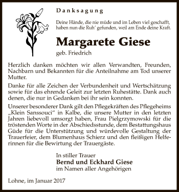 Traueranzeige von Margarete Giese von Uelzen