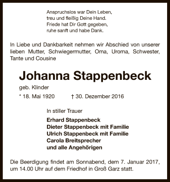 Traueranzeige von Johanna Stappenbeck von Uelzen