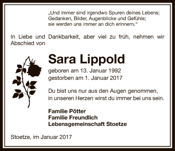 Traueranzeige von Sara Lippold von Uelzen