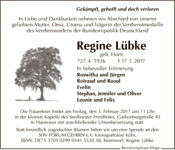 Traueranzeige von Regine Lübke von Uelzen