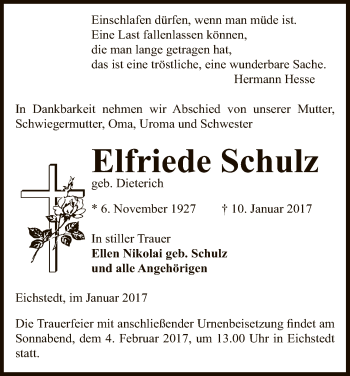 Traueranzeige von Elfriede Schulz von Uelzen