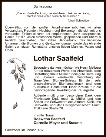 Traueranzeige von Lothar Saalfeld von Uelzen