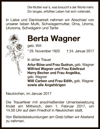 Traueranzeige von Berta Wagner von Uelzen