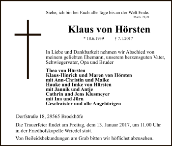 Traueranzeige von Klaus von Hörsten von Uelzen