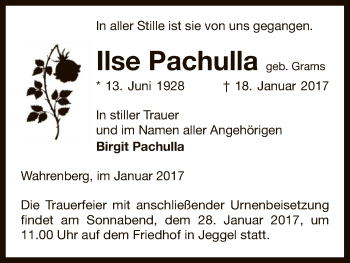 Traueranzeige von Ilse Pachulla von Uelzen