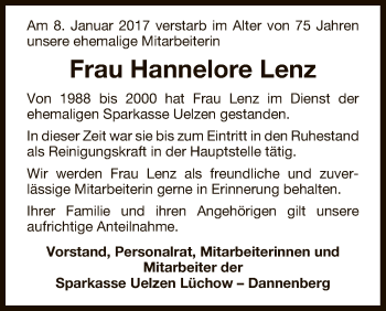 Traueranzeige von Hannelore Lenz von Uelzen