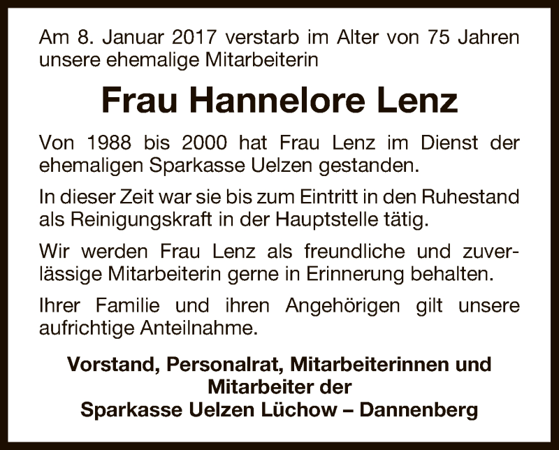  Traueranzeige für Hannelore Lenz vom 18.01.2017 aus Uelzen