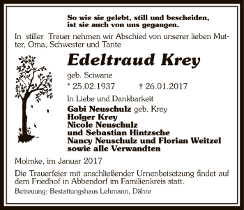 Traueranzeige von Edeltraud Krey von Uelzen