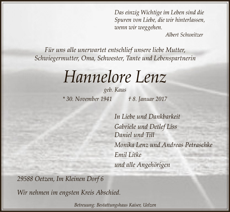 Traueranzeige für Hannelore Lenz vom 14.01.2017 aus Uelzen