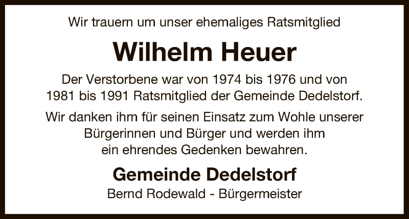  Traueranzeige für Wilhelm Heuer vom 19.01.2017 aus Uelzen