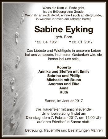 Traueranzeige von Sabine Eyking von Uelzen