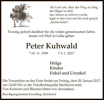 Traueranzeige von Peter Kuhwald von Uelzen