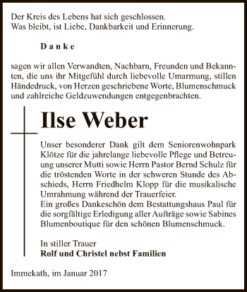 Traueranzeige von Ilse Weber von Uelzen