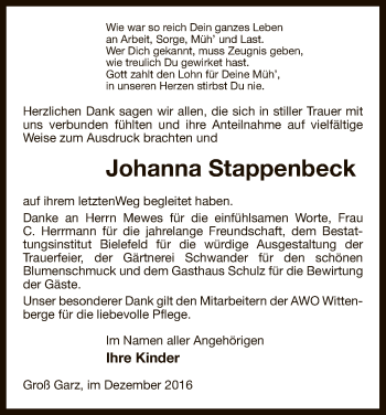 Traueranzeige von Johanna Stappenbeck von Uelzen