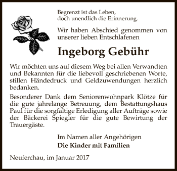 Traueranzeige von Ingeborg Gebühr von Uelzen