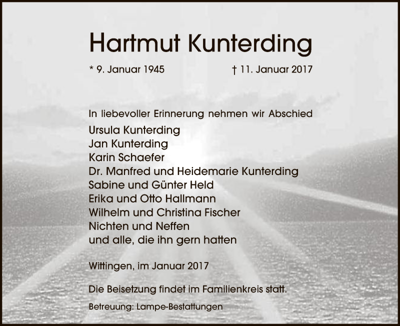  Traueranzeige für Hartmut Kunterding vom 17.01.2017 aus Uelzen