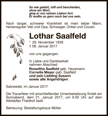 Traueranzeige von Lothar Saalfeld von Uelzen