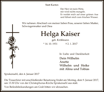 Traueranzeige von Helga Kaiser von Uelzen