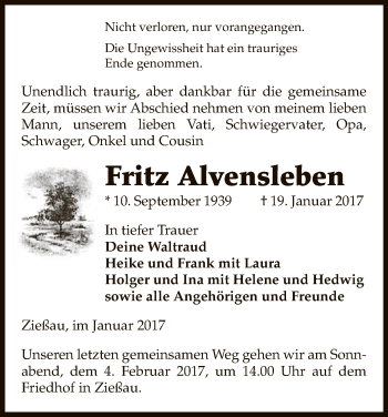 Traueranzeige von Fritz Alvensleben von Uelzen