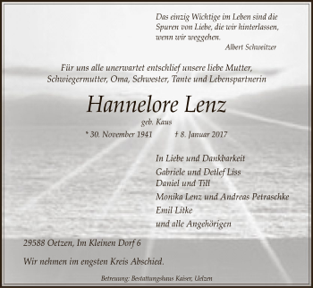 Traueranzeige von Hannelore Lenz von Uelzen