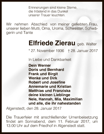 Traueranzeige von Elfriede Zierau von Uelzen