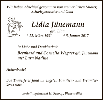 Traueranzeige von Lidia Jünemann von Uelzen