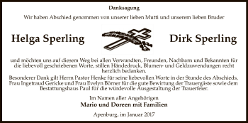 Traueranzeige von Helga, Dirk Sperling von Uelzen