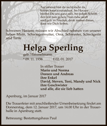 Traueranzeige von Helga Sperling von Uelzen