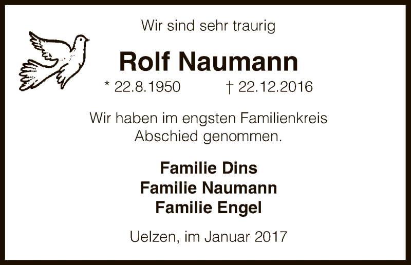  Traueranzeige für Rolf Naumann vom 21.01.2017 aus Uelzen