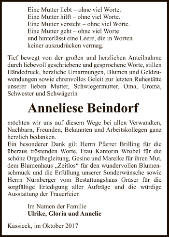 Traueranzeige von Anneliese Beindorf von Uelzen