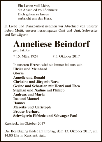 Traueranzeige von Anneliese Beindorf von Uelzen