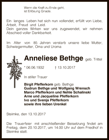 Traueranzeige von Anneliese Bethge von Uelzen