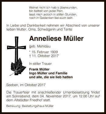 Traueranzeige von Anneliese Müller von Uelzen