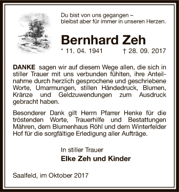 Traueranzeige von Bernhard Zeh von Uelzen